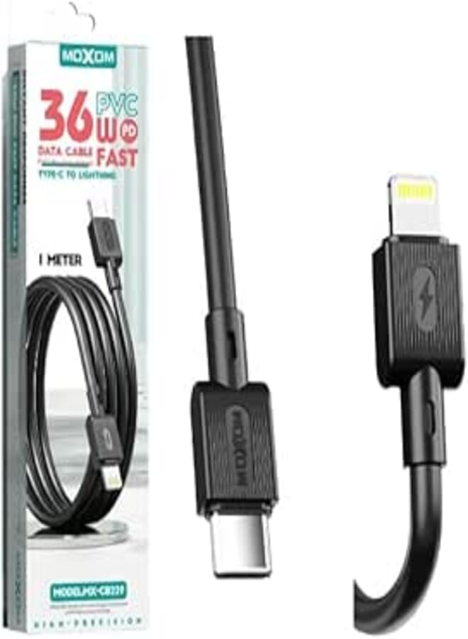 MOXOM MX-CB229 Type-C to Lightning Charging Data Cable With Efficient Transfer And Smart Design For Multi Device 1 Meter Length 36W - Black